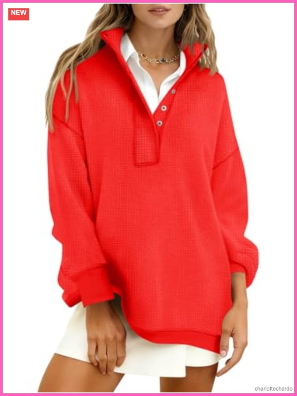 Womens Oversized Waffle Knit Sweatshirt Henley Collar Long Sleeve Pullover